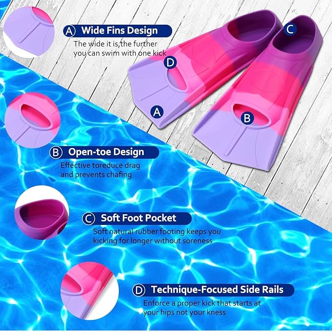 Kids Swim Fins,Short Kids Fins Youth Swimming Flippers for Lap Swimming Training for Children Girls Boys Beginners-StrideForce Fitness