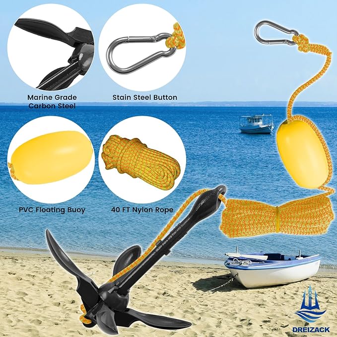 Dreizack Kayak Anchor Kit, 3.5 lb Folding Grapnel Boat Anchor Trolley Accessories with 40ft Rope and PVC Buoy for Fishing Kayaks SUP Paddle Boards Canoes Jet Ski PWC Inflatable Small Boats-StrideForce Fitness