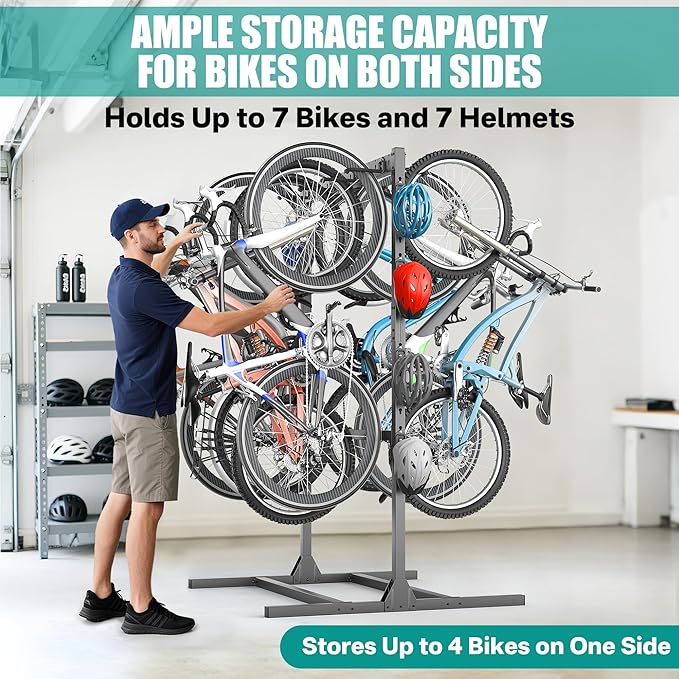 EVERHANGER Freestanding Bike Stand Rack with Adjustable Hooks, Vertical Bike Stand for Garage, Bicycle Storage Organizer, Holds Up to 7 Bikes & 7 Helmets-StrideForce Fitness
