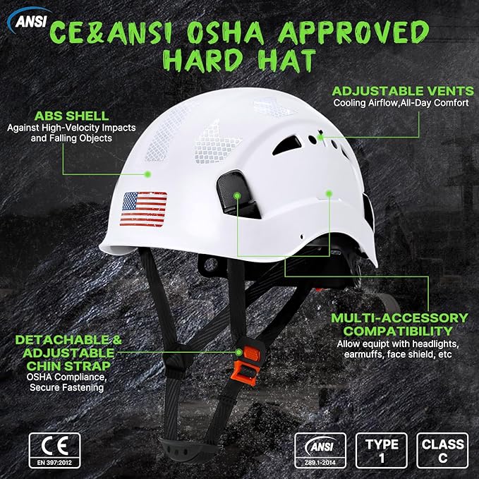 AOLAMEGS Construction Safety Hard Hat - ANSI Z89.1 Type Ι OSHA Approved Safety Helmets with Chin Straps Lightweight Reflective Vented ABS Hard Hats For Men Women Industrial Workwear 6-point Suspension-StrideForce Fitness