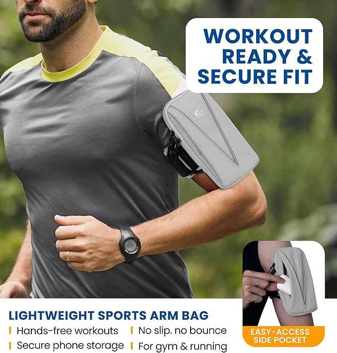 HiRui Cell Phone Holder Arm Bag & Wrist Bag for Phone, Sports Running Armband for Gym & Cycling, Compatible with iPhone 16/16Pro/Plus/15/14 Samsung Galaxy All Phones, Reflective & Adjustable (Gray)-StrideForce Fitness