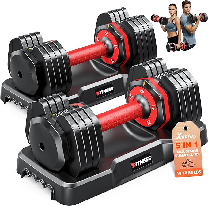 XDDIAS Adjustable Dumbbell Set of 2, 25/55/80LB Dumbbell Set-1Sec Adjustable Weights-5/10 in 1 Free Weights Dumbbells Set with Effortless Tray/No-Slip Handle-Compact Size for Women/Men at Home Gym-StrideForce Fitness