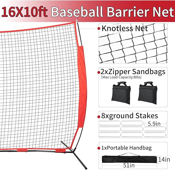 7x7/16x10/20x10ft Backstop Net, Ball Stop Net with Handbag,Fix Sports Net Barrier by 4 Spike&2 Sandbag,Sports Practice Barrier Net for Baseball,Softball,Lacrosse Train,Backstop Net for Backyard-StrideForce Fitness