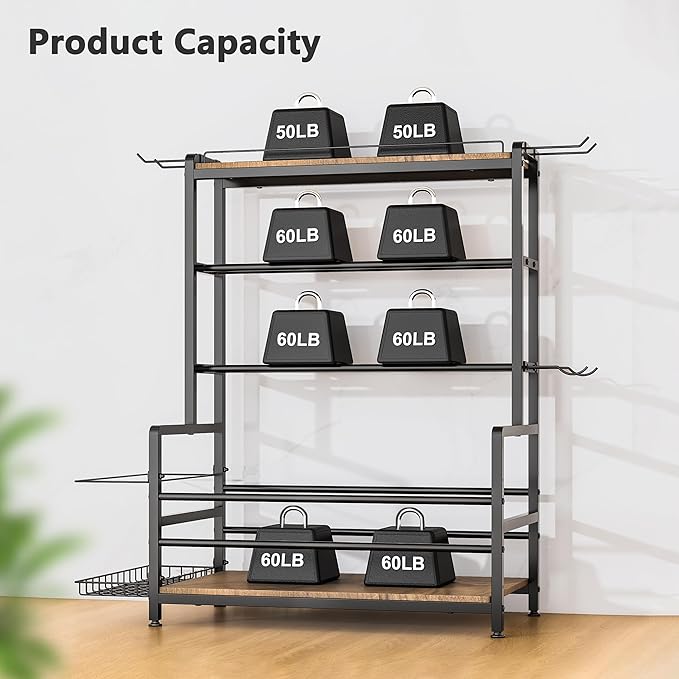 Gym Home Equipment Weight Rack – 3‑Tier Workout Storage Stand for Dumbbells & Kettlebells, Medicine Ball Holder, 460 lb Steel Organizer with Yoga Mat Basket, Hooks, Adjustable Feet, 24 x 16 in-StrideForce Fitness