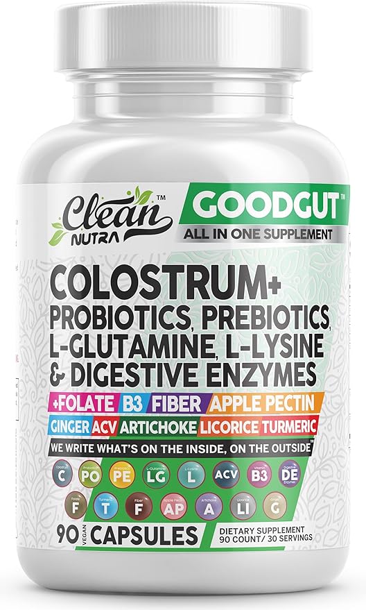 Clean Nutraceuticals Colostrum Supplement Capsules Probiotics Pills Prebiotics, L-Glutamine, Digestive Enzymes, Folate, Fiber, ACV, Turmeric, Apple Pectin and Turmeric Good Gut-StrideForce Fitness