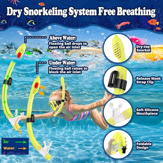 U PHITNIS Kids Snorkel Set for Age 4-14 - Dry Top Snorkeling Gear for Kids Junior & Youth - Childs Diving Mask with Big Eyes for Boys Girls - Anti-Fog Snorkeling Mask and Snorkel Set-StrideForce Fitness