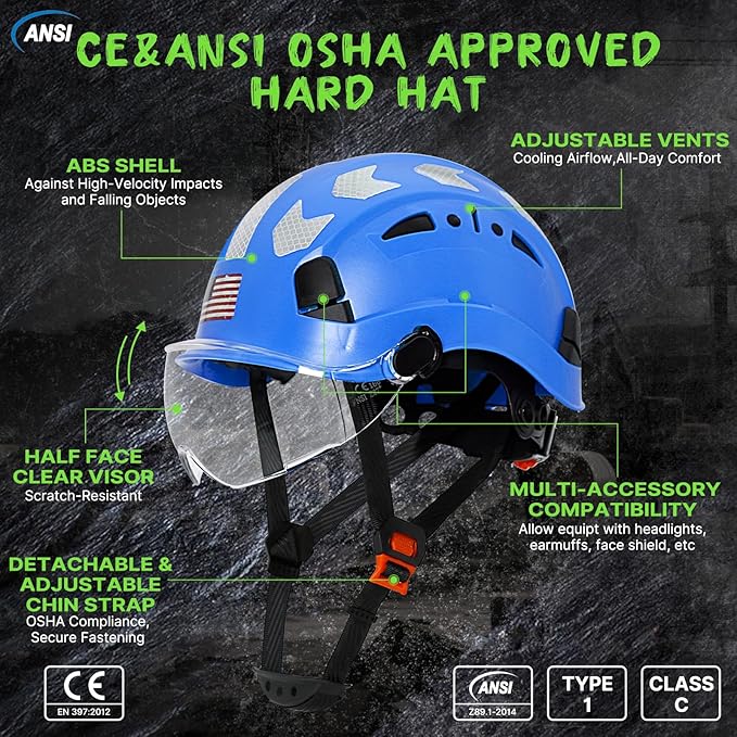 AOLAMEGS Construction Safety Hard Hat - ANSI Z89.1 Type Ι OSHA Approved Safety Helmets with Chin Straps Lightweight Reflective Vented ABS Hard Hats For Men Women Industrial Workwear 6-point Suspension-StrideForce Fitness