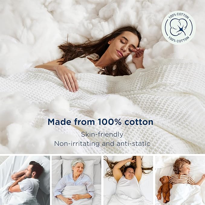 Bedsure 100% Cotton Blanket King Size for Bed - Breathable and Soft, Waffle Weave Blanket for Summer, Thick Cozy Fall Blankets for Women Gift, White, 104x90 inches-StrideForce Fitness