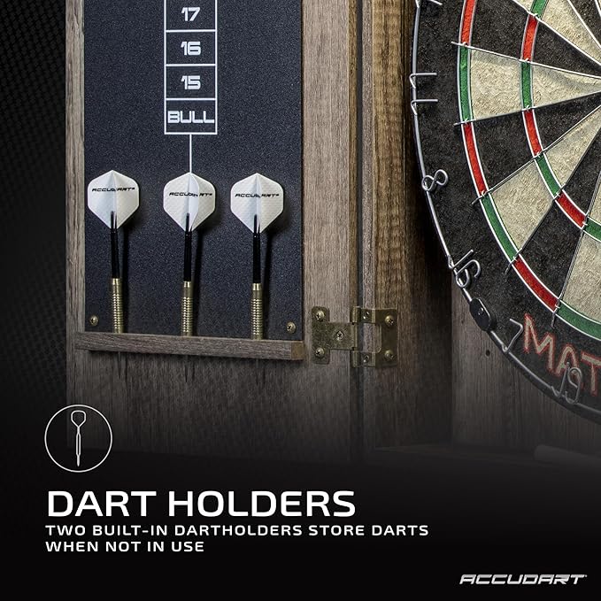 Accudart Match Pro Dartboard Cabinet Set - Official Size - Self Healing Sisal - Modern Style Woodgrain - Two Built-in Dartholders - LED Lighting - Includes Scoreboard, Chalk, Eraser, and Six Darts-StrideForce Fitness