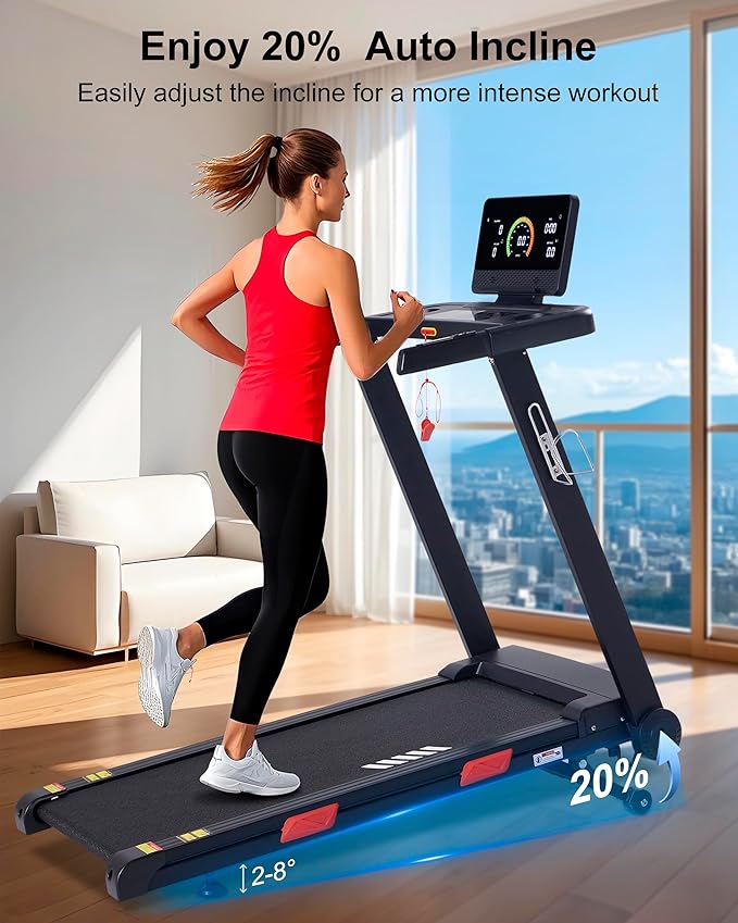 Auto Incline Treadmill, 20% Incline, 3.0HP, 10 MPH Running Machine, 18.5" Wide Belt, 350 lbs Capacity, Treadmill for Home with Bluetooth App-StrideForce Fitness