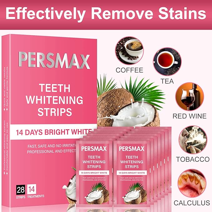 Teeth Whitening Strips for Sensitive Teeth Enamel Safe Smile Whitening Kit, 28 Strips 14 Treatments, No-Slip Remove Coffee Wine Smoking Stains Professional