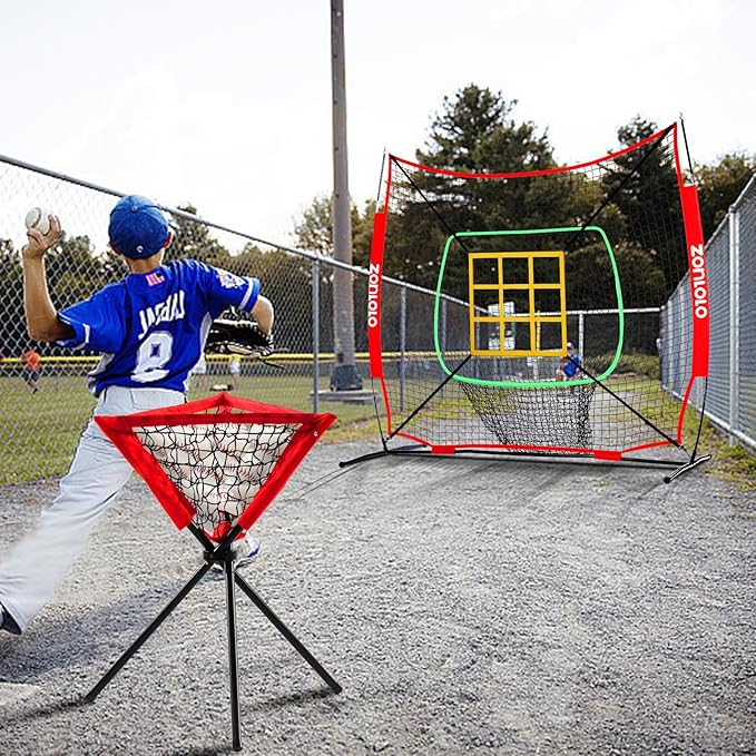 6x6ft Portable Baseball & Softball Net for Hitting，Pitching and Throwing, with Sturdy Bow Frame,Battting Tee,Ball Caddy and 2 Strike Zones, Perfect Pitching net for Kids!-StrideForce Fitness
