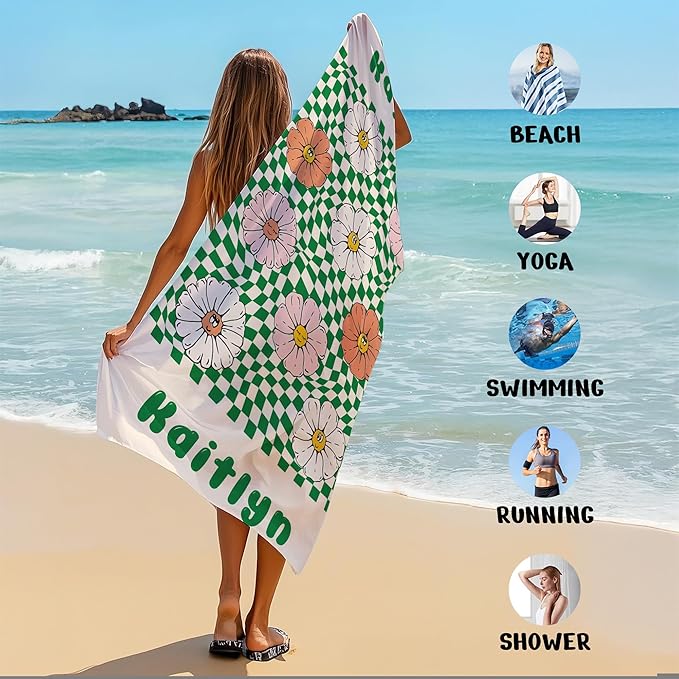 JML Personalized Beach Towel with Name, Custom Flower Beach Towel, Customized Microfiber Pool Towel, Quick Dry & Absorbent Swim Towel for Adult,Mother's Day, Birthday, Summer Holiday,Vacation-StrideForce Fitness