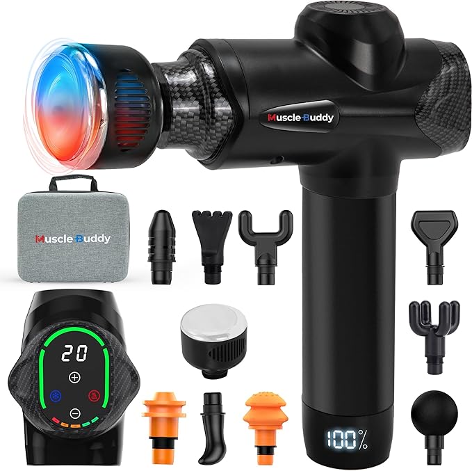 Massage Gun Deep Tissue with Heat and Cold Head, 6 Temperatures, 20 Levels & 10 Heads, Handheld Muscle Massager Gun with Carry Case, Portable Percussion Muscle Massager Gun (Black)