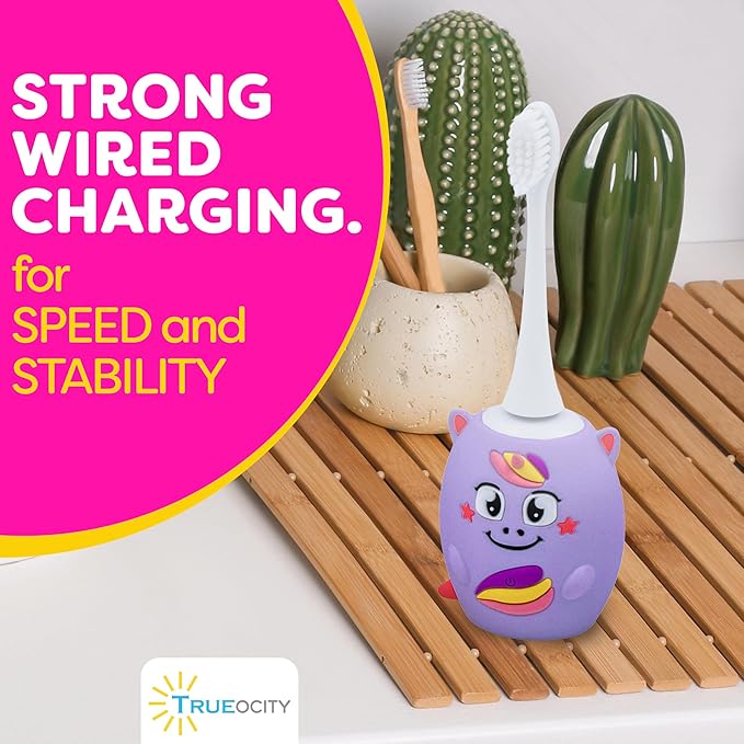 Trueocity Kids U Shape Toothbrush Auto Electric Toddler Rechargeable Kids Automatic Toothbrush | 360° U-Shaped Silicone Brush Head | Gentle Cleaning for Ages 2–7 | Unicorn Design (Purple)