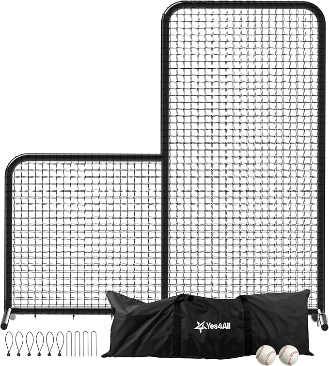 Yes4All Portable L-Screen Baseball 7x7ft with 2 Baseballs, Rubber Wheels - L Screen Baseball for Batting Cage, Protective Pitching Screen Net Double Layers, Carry Bag Included-StrideForce Fitness