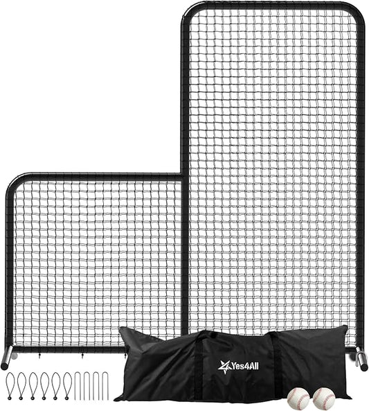 Yes4All Portable L-Screen Baseball 7x7ft with 2 Baseballs, Rubber Wheels - L Screen Baseball for Batting Cage, Protective Pitching Screen Net Double Layers, Carry Bag Included-StrideForce Fitness