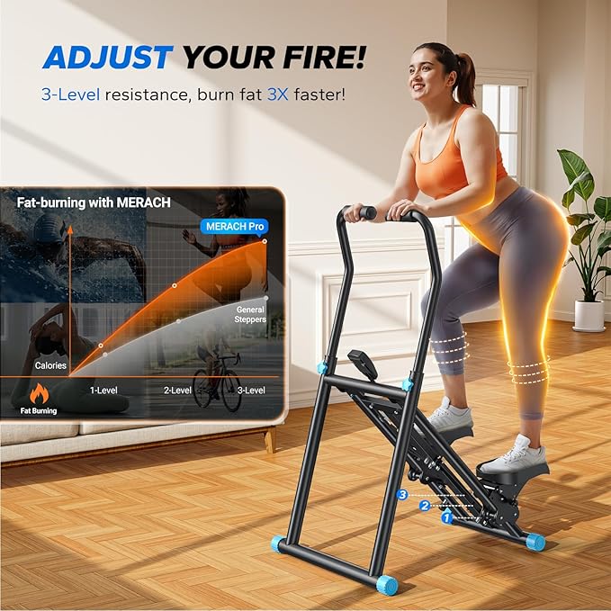 MERACH Stair Stepper for Home Gym Exercise, New Version Stairmaster for Full-Body Workout, Compact Folding Stair Climber with Extended Step Range, Adjustable Handlebar/Pedal-StrideForce Fitness