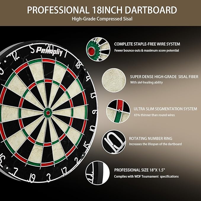 Bristle Dart Board Set, Professional Dart Board 18" with 6pcs 18g Darts Outdoor Dartboard Set, Compressed Sisal Metal Wire Board with Rotating Number Ring-StrideForce Fitness