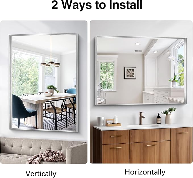Silver Bathroom Mirror, 36x48 Inch Rectangular Deep Frame Mirror, Large Wall Mounted Bathroom Vanity Mirror Over Sink for Bedroom,Restroom, Living Room, Hangs Vertically or Horizontally-StrideForce Fitness