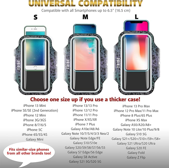 TRIBE Water Resistant Cell Phone Armband Case Running Holder for iPhone Pro Max Plus Mini SE (13/12/11/X/XS/XR/8/7/6/5) Galaxy S Ultra Plus Edge Note (21/20/10/9/8/7/6/5) Adjustable Strap & Key Pocket-StrideForce Fitness