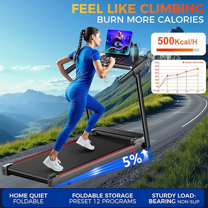 Treadmill with 5% Incline, Walking Pad Treadmill with Handle Bar, Portable Folding Treadmills for Running and Walking, 3.0HP Brushless Motorized, 5 Layers Shock-Absorbing-StrideForce Fitness