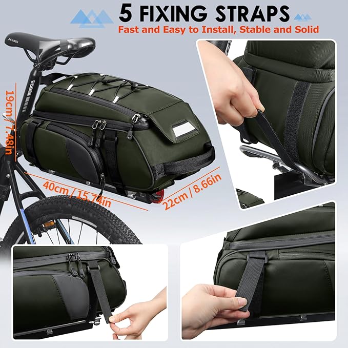 RAINSMORE Bike Bags for Bicycle Rear Rack 15L Waterproof Bike Ebike Trunk Pannier Saddle Bag with Rain Cover Bike Accessories Backpack Shoulder Bag for Commuter Travel Outdoor, Green-StrideForce Fitness