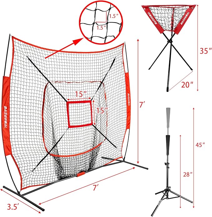 7'×7' Baseball Softball Practice Net,Baseball Backstop,with Batting Tee,Ball Caddy,for Hitting Pitching Batting Catching with Bow Frame,Bonus Strike Zone,Portable and Foldable-StrideForce Fitness