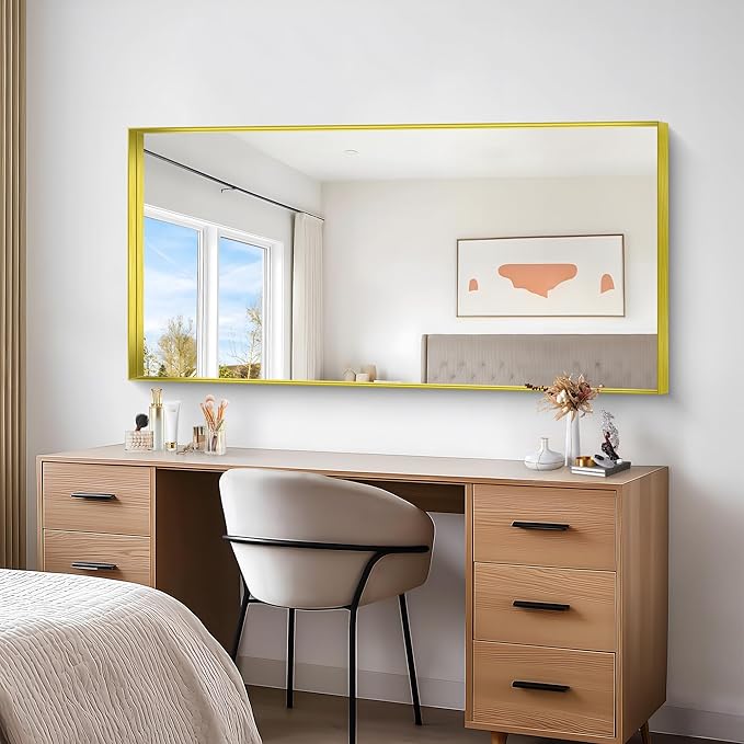 Gold Bathroom Mirror, 30x60 Inch Rectangular Deep Frame Mirror, Large Wall Mounted Bathroom Vanity Mirror Over Sink for Bedroom,Restroom, Living Room, Hangs Vertically or Horizontally-StrideForce Fitness