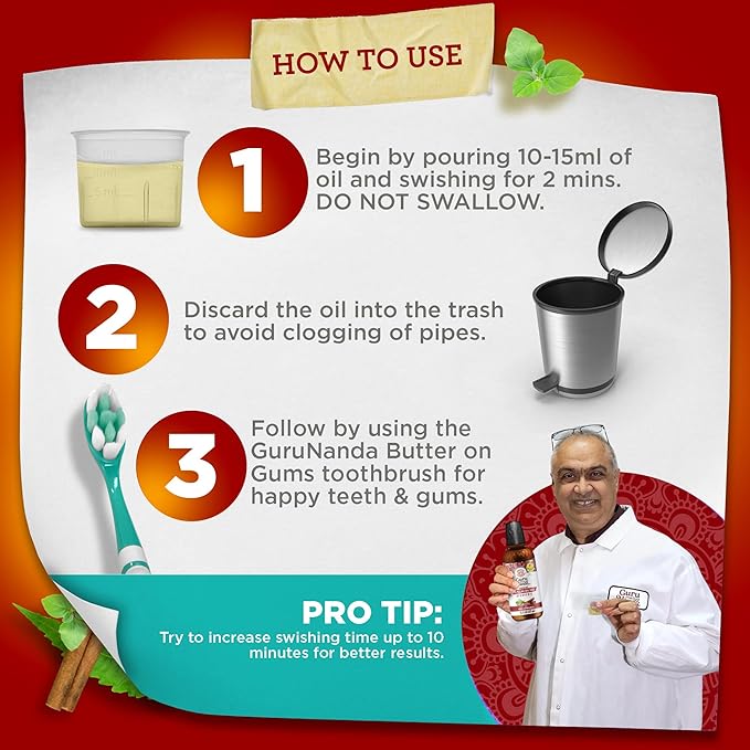 GuruNanda Cinnamon Oil Pulling Mouthwash, Promotes Calmness, with Neem & Ashwagandha for Fresh Breath & Happy Gums, Alcohol-Free, 16 Oz