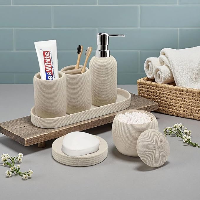 Bathroom Accessory Set, 6PCS Beige Bathroom Accessories - Soap Dish, Lotion Dispenser, Toothbrush Holder, Mouthwash Cup, Tray, Cotton Ball Jar, Aesthetic Decor Bathroom Sets