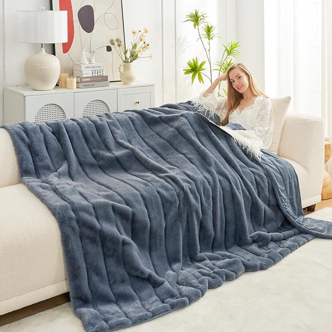 Cozy Bliss Faux Fur Throw Blanket for Couch, Cozy Soft Plush Thick Winter Blanket for Sofa Bedroom Living Room, 60 * 80 Inches Blue-StrideForce Fitness