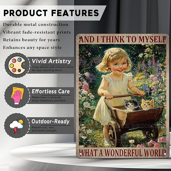Garden Girl Metal Tin Sign Wall Art Rustic Vintage Outdoor Decor And I Think To Myself What A Wonderful World Quote 12 * 16inch-StrideForce Fitness