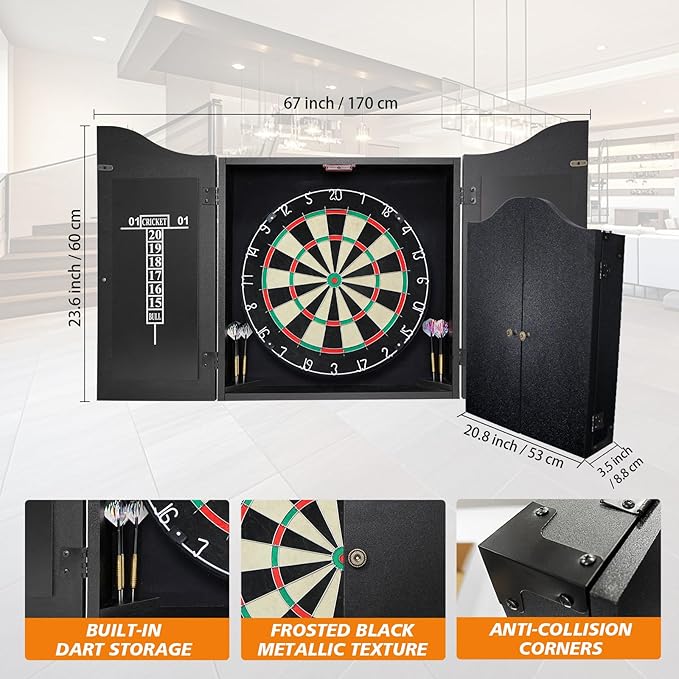 Bristle Dart Board Set, Professional Dart Board 18" with 6pcs 18g Darts Outdoor Dartboard Set, Compressed Sisal Metal Wire Board with Rotating Number Ring-StrideForce Fitness