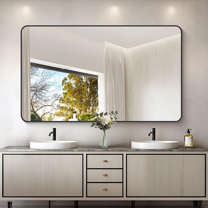 60" x 36"Bathroom Mirror, Matte Black Wall Mirror with Metal Frame, Decorative Rectangular Vanity Mirror for Bedroom Bathroom Living Room Entryway (Horizontal/Vertical)-StrideForce Fitness