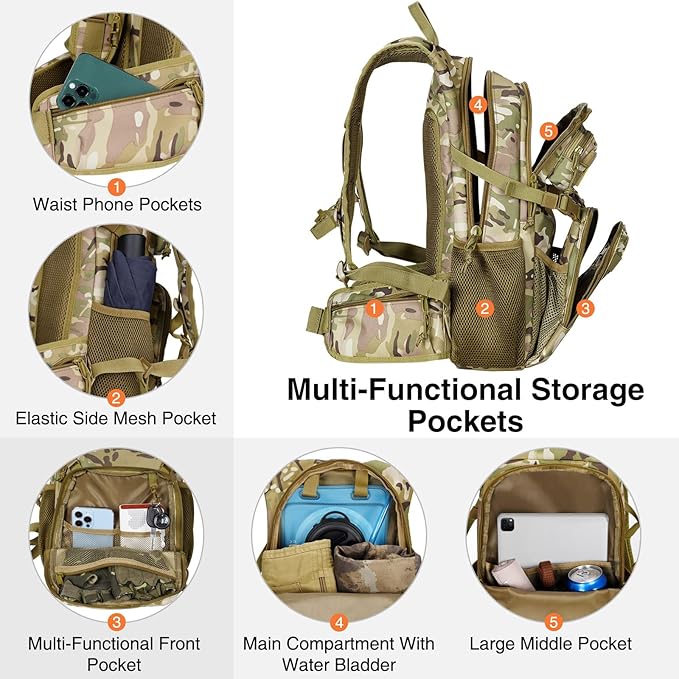 22L Tactical Hydration Backpack with 3L Water Bladder, Lightweight Molle Water Bag for Men Women, Hiking Hydration Pack for Cycling Running Biking Hunting, Daypack with Waist Pocket, Camo-StrideForce Fitness