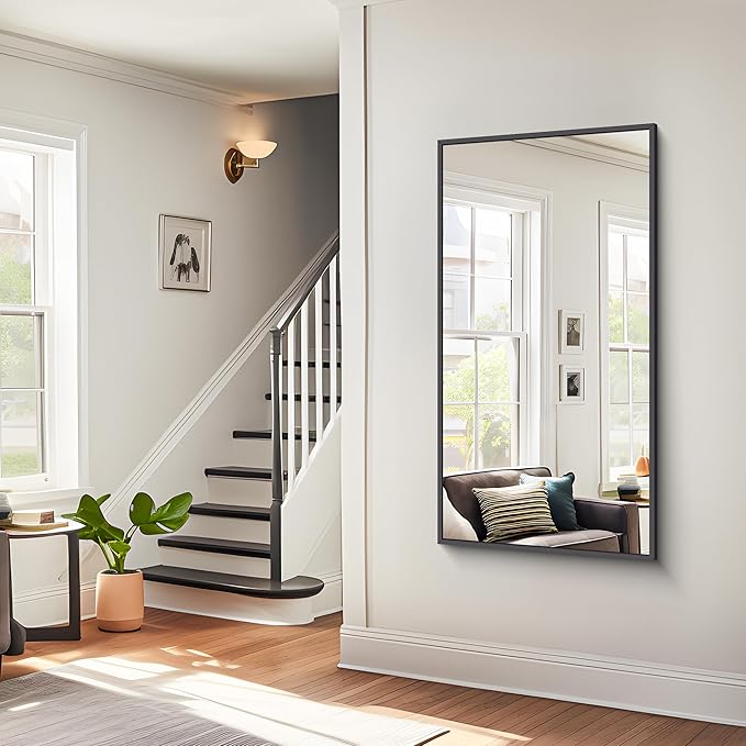 Bathroom Mirror,24x48 inch Wall Mirror for Bathroom Wall Mounted Black Rectangle Square Corner Mirrors, Black Bathroom Mirror for Living Room, Farmhouse, Bedroom Entryway, Horizontal/Vertical-StrideForce Fitness