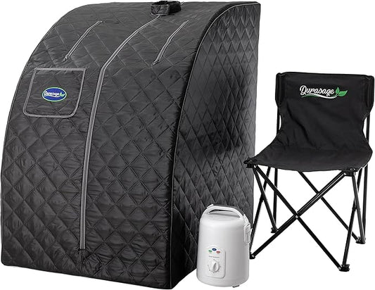 Durasage Lightweight Portable Personal Steam Sauna Spa for Relaxation at Home, 60 Minute Timer, 800 Watt Steam Generator, Chair Included (Black)-StrideForce Fitness