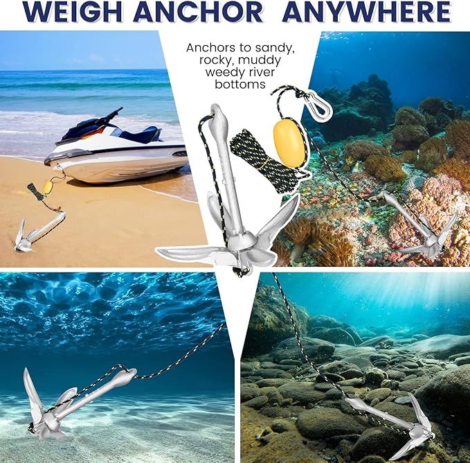Dreizack Kayak Anchor Kit, 3.5 lb Folding Grapnel Boat Anchor Trolley Accessories with 40ft Rope and PVC Buoy for Fishing Kayaks SUP Paddle Boards Canoes Jet Ski PWC Inflatable Small Boats-StrideForce Fitness
