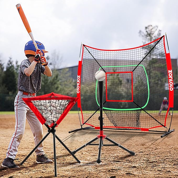 6x6ft Portable Baseball & Softball Net for Hitting，Pitching and Throwing, with Sturdy Bow Frame,Battting Tee,Ball Caddy and 2 Strike Zones, Perfect Pitching net for Kids!-StrideForce Fitness