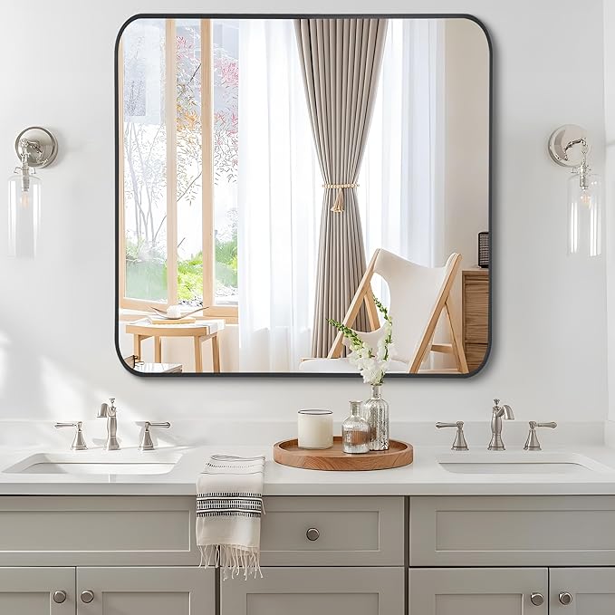 FORBATH Bathroom Mirror 36" x 36"，Large Square Wall Mirror with Black Aluminum Frame Rounded Corner, Wall Mounted Mirror for Bathroom Bedroom Entryway Living Room-StrideForce Fitness