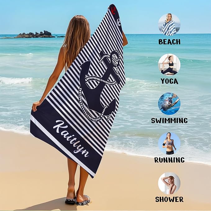 JML Personalized Beach Towel with Name, Custom Anchor Beach Towel, Customized Microfiber Pool Towel, Quick Dry & Absorbent Swim Towel for Adult,Anniversary, Birthday, Summer Holiday,Vacation-StrideForce Fitness