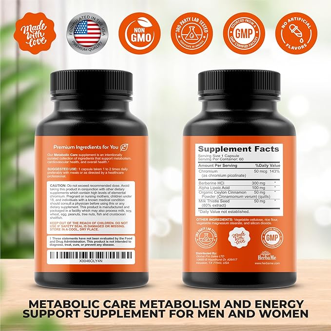 Berberine Supplement with Ceylon Cinnamon, Chromium, Alpha Lipoic Acid, Metabolic Care Supports Metabolism & Cardiovascular Health and Immune System, Helps Maintain Steady Energy Levels-StrideForce Fitness