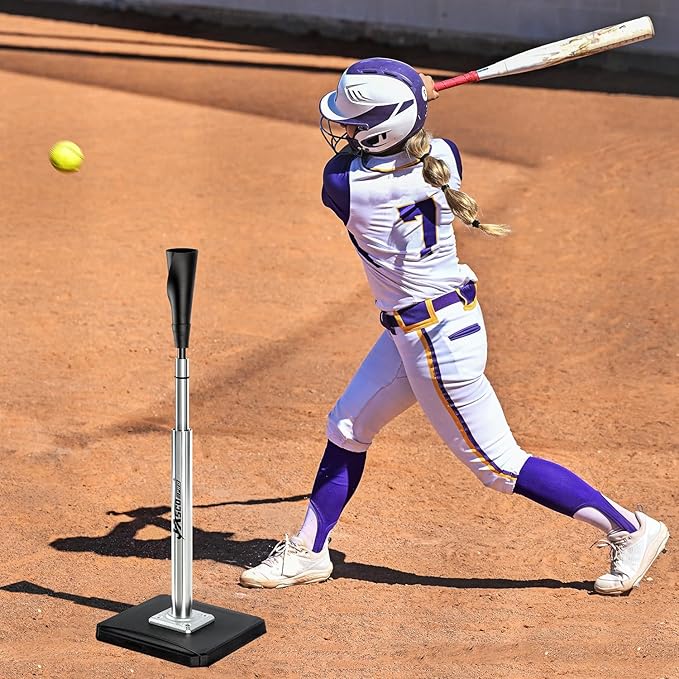 Portable Batting Tee for Baseball/Softball, Height Adjustable 24-46 inches Softball Tee for Kids and Adults,Baseball Tee with Rubber Top,Metal Base,Easy Transport and Assemble Hitting Tee-StrideForce Fitness