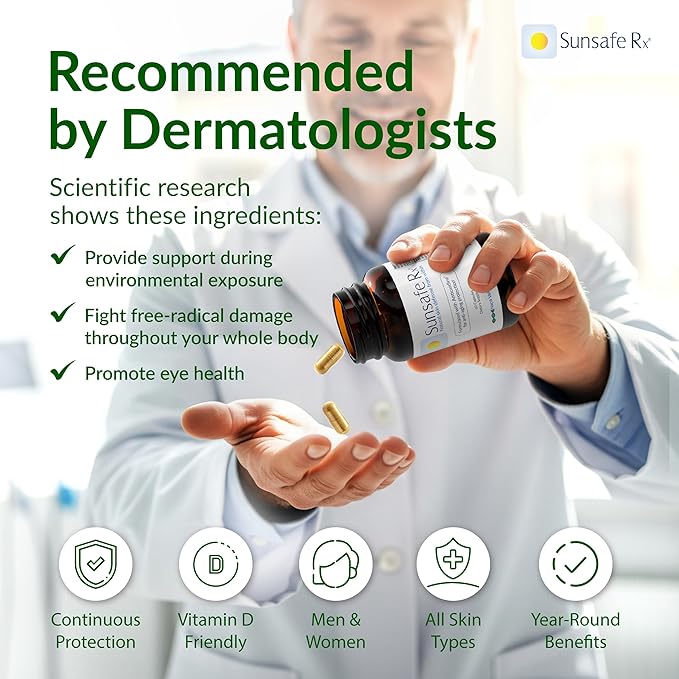 Sunsafe Rx Anti Aging Supplement: Natural Skin Protection Pills with Antioxidants for a Youthful Appearance & Eye Health + Vitamins, Minerals, & 250mg Polypodium Leucotomos (60 Capsules)-StrideForce Fitness