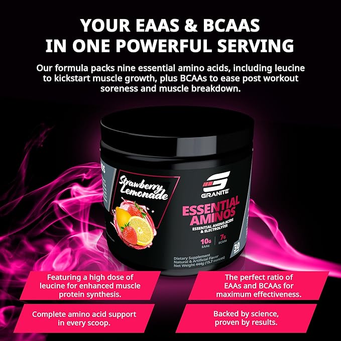 Granite Essential Amino Acids Powder for Muscle Recovery and Growth with 10g EAAs and 7g BCAAs - Soy-Free, Gluten-Free, 448g (30 Servings), Strawberry Lemonade-StrideForce Fitness