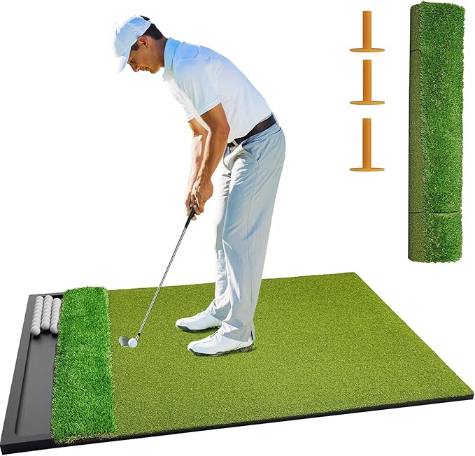 Golf Hitting Mat with Ball Tray 5x4ft - 6x4ft Dual-Turf Practice Mat for Indoor & Outdoor Use Golf Training Mat with Rubber Tee Holes, Suitable for Swing Driving & Chipping-StrideForce Fitness