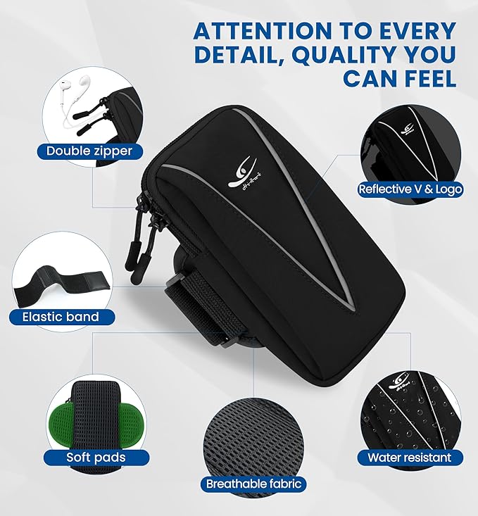 HiRui Cell Phone Holder Arm Bag & Wrist Bag for Phone, Sports Running Armband for Gym & Cycling, Compatible with iPhone 16/16Pro/Plus/15/14 Samsung Galaxy All Phones, Reflective & Adjustable (Black)-StrideForce Fitness