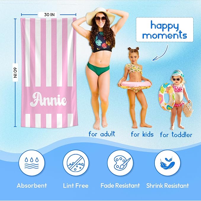 JML Personalized Beach Towel with Name, Custom Cabana Stripe Beach Towel, Customized Microfiber Pool Towel, Quick Dry & Absorbent Swim Towel for Adult,Mother's Day, Birthday, Summer Holiday,Vacation-StrideForce Fitness