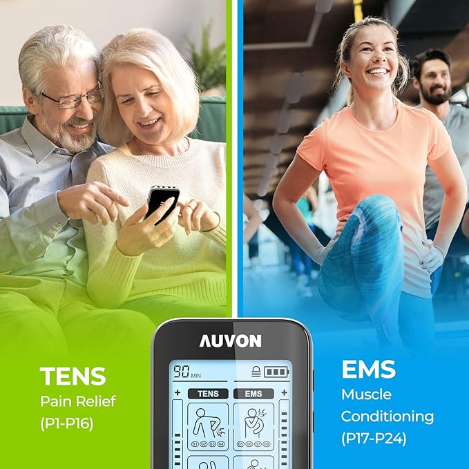 AUVON 4 Outputs TENS Unit EMS Muscle Stimulator Machine for Pain Relief Therapy with 24 Modes Electric Pulse Massager, 2" and 2"x4" Electrodes Pads, Black-StrideForce Fitness